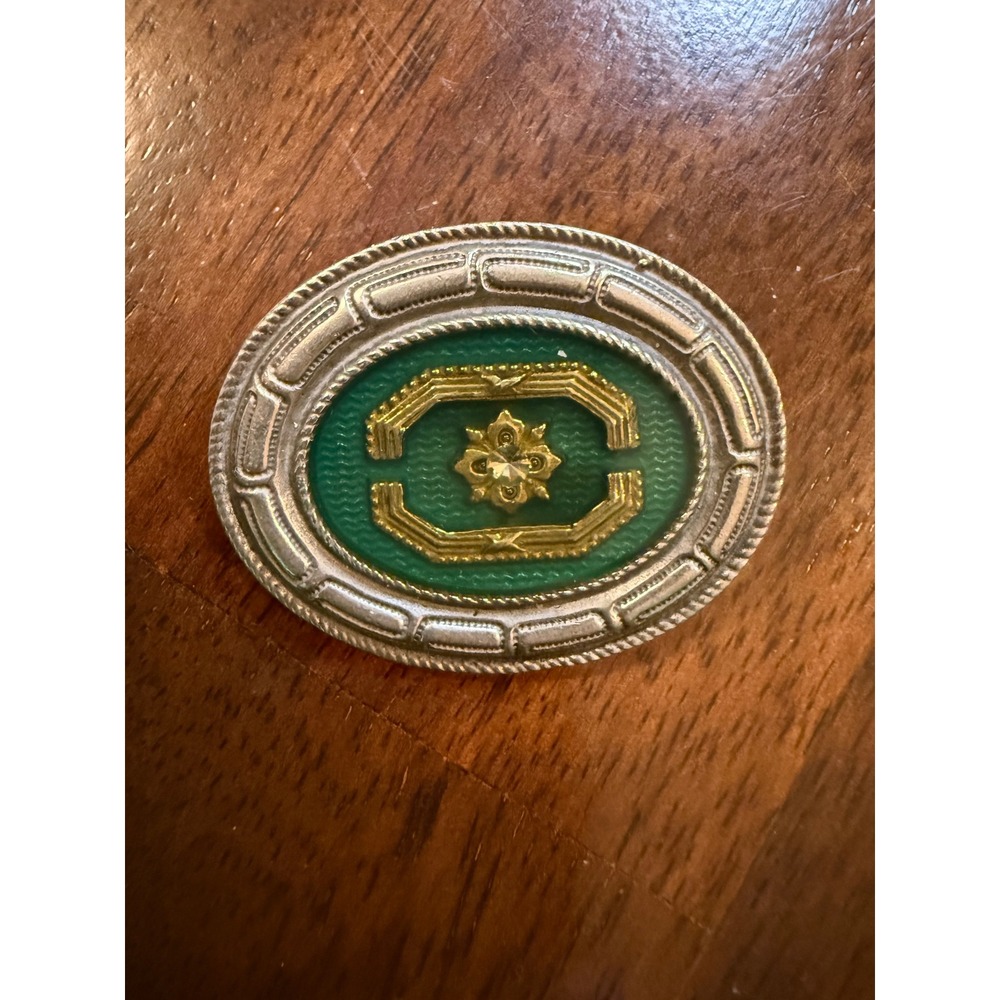 Vintage Green  Enamel Brooch Silver Gold Tone Rhinestone‎ Oval Pin